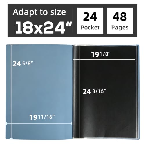 Image of 18x24 Blue Art Portfolio Folder Displaying 48 Pages With Plastic Sleeves | 24-Pocket Presentation Book Binder For Artwork Storage Featuring Dark Inner Paper Inserts Protective Document Archival Holder