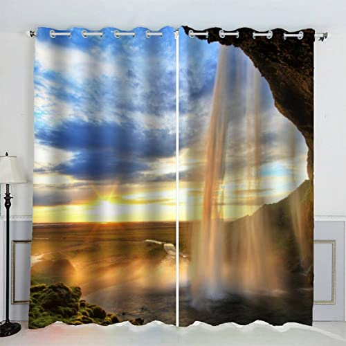MOUPL 3D Natur Wasserfall Vorhänge mit ösen B 200 X H 160 cm Mikrofaser Sonnenuntergang Vorhang Blickdicht Verdunkelungs Gardinen 2er Set für Wohnzimmer Schlafzimmer Kinderzimmer Landhausstil Küche Cover