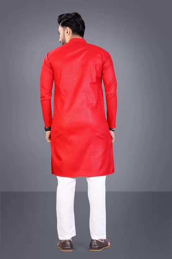Image of weltpocket Men's Cotton Blend Solid Straight Kurta Pyjama