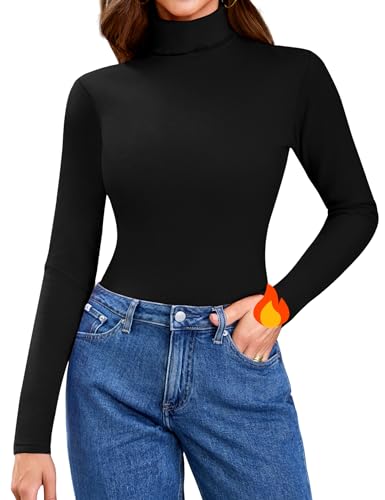 Aottori Camiseta Térmica Mujer Manga Larga Cuello Alto Ropa Interior Jersey Básica Ajustada Sólida Base Layer Cálida Invierno Undershirt Top Negro XXL
