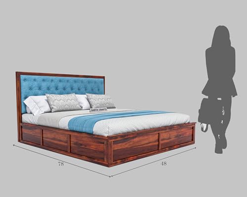 Image of Wooden Double Size Bed with Box Storage for Bedroom, Blue Upholstered Cushioned Headboard, Solid Sheesham Wood, Natural Finish, Mattress Size: 78 X 48 in