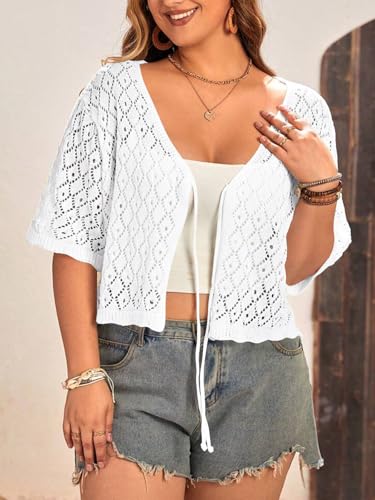 Image of Women's Plus Size Crochet Cardigan Crop Short Sleeves Tie Front Lightweight Knitwear
