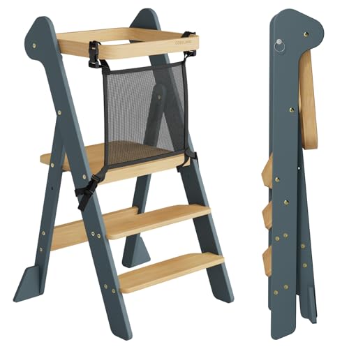 COSYLAND Torre de Aprendizaje Montessori de Madera Plegable Desde 1 Año – Ganadora del Premio iF Design, con Red de Seguridad y Altura Ajustable, Ideal para Cocina y Baño (Azul Pizarra y Natural)