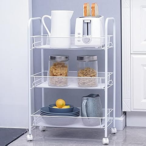 GOLDFAN 3-Tier Storage Trolley on Wheels,Space-Saving Kitchen Trolley,Metal Rolling Cart,Stainless Steel with Wheel for Kitchen Living Room Bathroom,White Cover