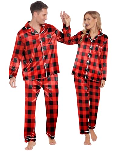 Pyjama assorti en soie pour des soirées cocooning en couple en satin à carreaux rouge et noir