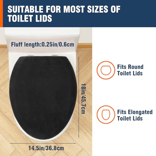 Comfortable Soft Plush Toilet Lid Cover for Bathroom, Machine Washable Toilet Seat Covers, Fits Most Round Elongated and Oblong Lids, Easy Installation& Cleaning (Black) - Thumbnail 2