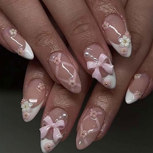 24 unghie finte a pressione, medie, con strass, rosa, a mandorla,...