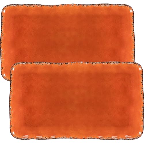 Vintage Melamine 17" x 10" Serving Platters for Serving Food, Set of 2, 100% Melamine Large Rectangle Serving Trays Sets for Fruit, Appetizer, Dessert, Home and Party Use. Orange