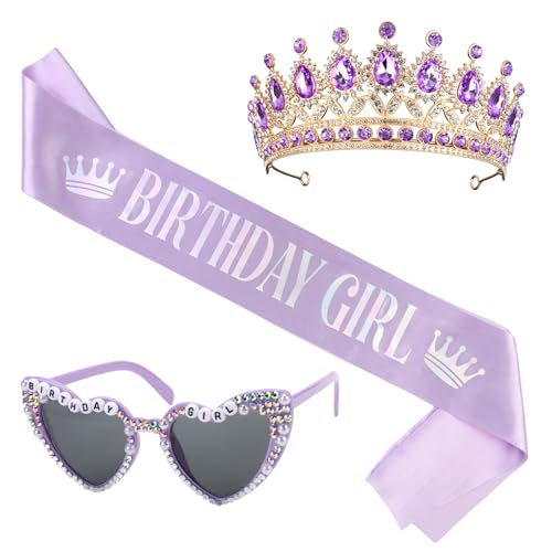 Diartpaint 3pcs Birthday Girl Sash Headband Sunglasses Purple Birthday Sash Tiara and Crown Sunglasses for Girls Women Happy 9th 10th 16th 18th 21st Bday Decorations Accessories Outfits Party Supplies