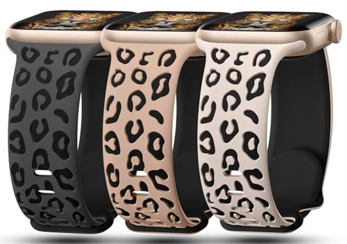 3PCS Leopard Engraved Bands Compatible with Apple Watch Band Women Silicone