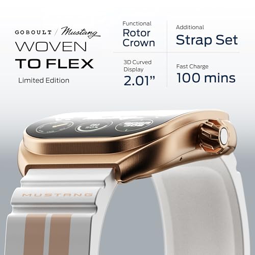 Image of GOBOULT Mustang Muscle Smart Watch 2.01'' 3D Curved Display, Convertible Strap, Premium Metallic Crown, BT Calling, 600 Nits Brightness, AI Assistant, IP68 (Extra Starp, White Armor)