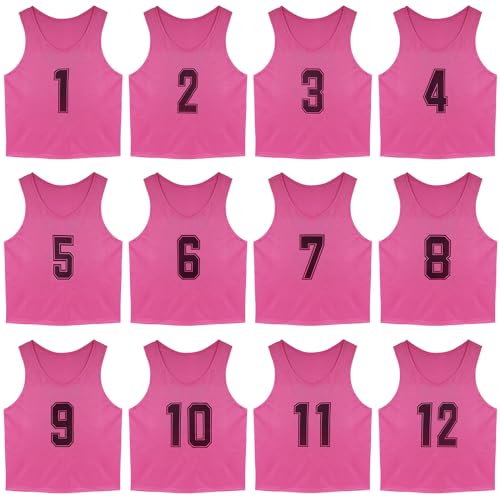 Linkidea Pink Soccer Scrimmage Team Vest for Children 8-12 Years Old, Team Pinnies with Number for Sports & Practice, Soccer Training Jerseys Fits Kid, Youth (12-Pack, M)