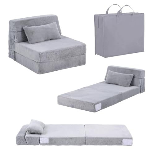 Image of Tiita Convertible Folding Kids Sofa Bed with Pillow & Storage Bag, Plush Fabric Floor Mattress Couch Bed, Washable Cover, Kids Room, Playroom, Dorm, Apartment, White Grey