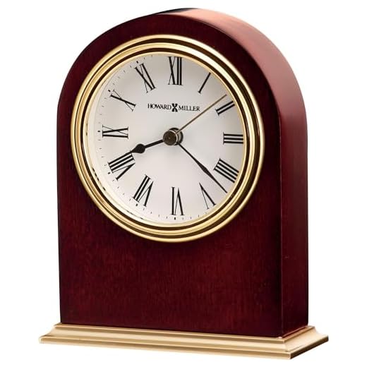 Howard Miller Priest River Table Clock II 549-779 – Modern Arched Shaped Clock II, Low-Gloss Rosewood Hall Finish, Brass Finish Metal Bass, Felt Bottom, Quartz Movement