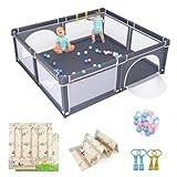 COSTWAY 206 x 186cm Baby Laufstall mit Matratze, Laufgitter mit 50 Spielbällen & atmungsaktivem Netz, Krabbelgitter mit 2 Türen, Laufgitterzelt für Säuglinge Kinder(Dunkelgrau, Panda Matratze)