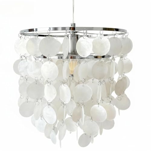 13.39 in Shell Mini Chandelier Light Fixture White Round Seashell Pendant Light Capiz Shell Chandelier Mini Ceiling Light Fixture for Dining Room Bedroom Bathroom