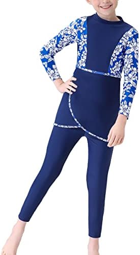 Muslim Swimsuits for Girls Floral Leaf Print Swim Top and Pants Kids Full Coverage Swimwear Modest Islamic Beachwear Swimming Two Piece Outfits Long Sleeve Burkini Bathing Suit Blue Flower 9-10 Years