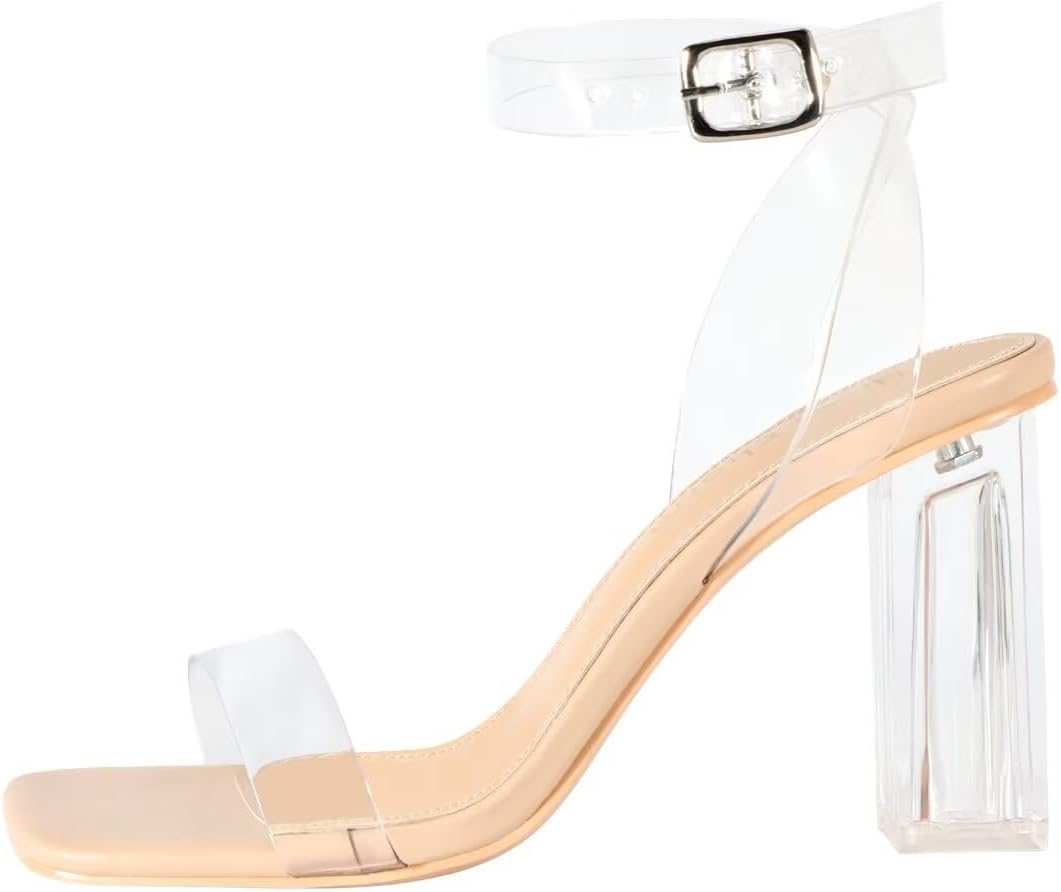 Heels Charm Women's Clear Chunky Block Heeled Sandals 3.74 Inches Open Toe Ankle Strap Block High Heel Sandal Dress Dancing Sandals Daily Work Party Shoes - Image 2