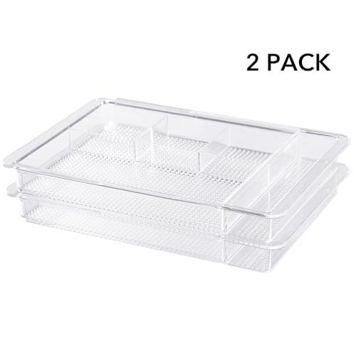 Oubonun Expandable Drawer Organizer 11.1” to 19.2” Width, Shallow Cosmetic Organizer 1.3” Height, 2 Packs, Clear Plastic Storage Trays for Dressing Table,Bathroom