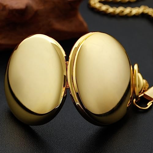 Realpoo Gold Smooth Round Case Quartz Pocket Watch ，Roman Numeral Black Dial Quartz Movement Pocket Watches With Belt Clip Chain #TOP5