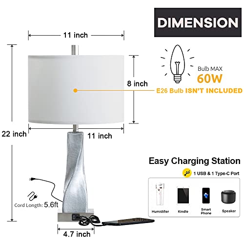 Dungoo Set Of 2 Silver Twist Crackle Mercury Glass Table Lamps With Usb & Type-C Port, 22" Bedside Table Lamps For Bedroom Living Room Modern Table Lamp Gift #TOP2