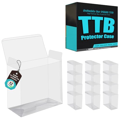 PKMN ETB - Pack de 12 fundas protectoras para PKMN Top Trainer Box & Elite Trainer Box (ETB) de 0,5 mm de grosor, PET transparente, resistente, con base de bloqueo automático y película protectora