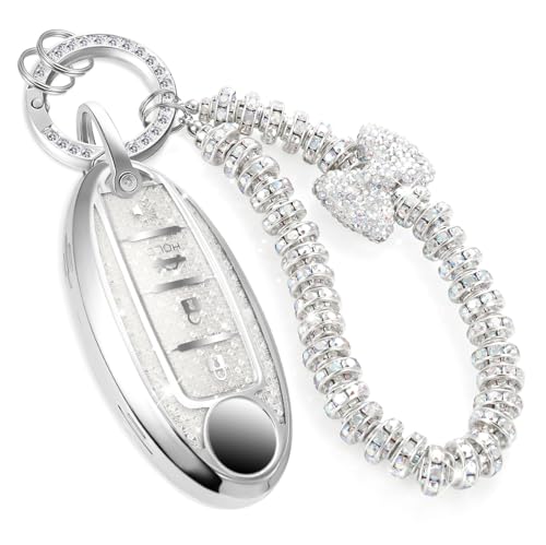 Image of for Nissan Key Fob Cover with Fashionable Zirconia Wristlet Keychain, Enchanting Diamond Patterns Soft Case for Murano Pathfinder Rogue Titan Versa (4 Button) (White, B)