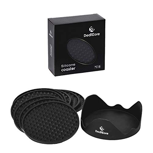Table Coaster Set of 8 with Holder, Silicone Bar Drink Coasters: Cool Black