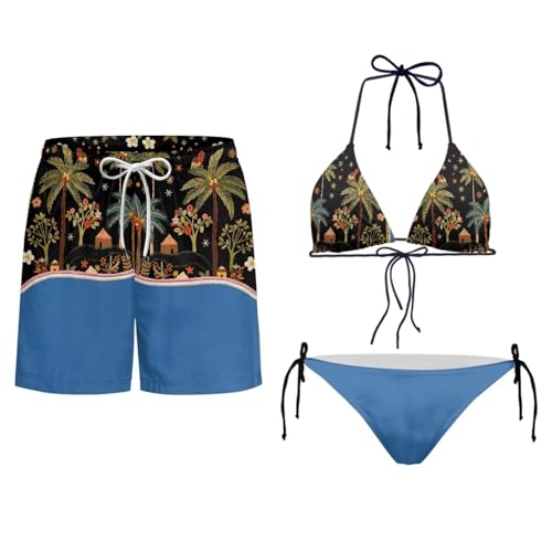 Howilath Hawaiian Palm Tree Floral Couples Swimsuits 2 Piece Set Fashion Swim Trunks for Men & Bikini for Women with Adjustable Straps