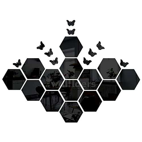 Wall1ders Acrylic Hexagon Peel and Stick Mirror Stickers for Wall - Bedroom, Hall, Home Offices - 14 Hexagon with 10 Butterflies, 1 mm Thick, Self-Adhesive Wall Stickers (Black)