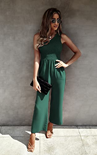 Angashion Women's Summer Wide Leg Jumpsuits One Shoulder Casual Sleeveless Elastic High Waist Solid Color Romper With Pockets Green L #TOP5