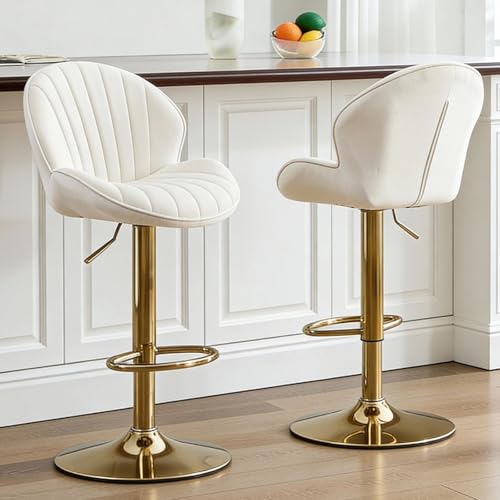 chairus Juego de 2 Taburetes de Bar Ajustable de Terciopelo Sillas de Bar con Patas Doradas, Taburetes de Cocina con Respaldo de Diseño para Cocina/Cafetería/Isla de Cocina, Beige