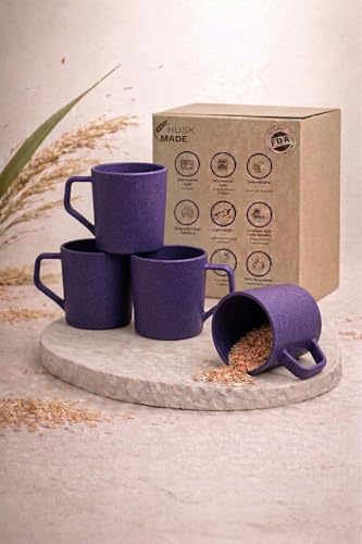Image of Coffee Mug Set of 4 Made with Rice Husk & Bio Composite Material | TurtleBrew Travel Mug | Microwave & Dishwasher Safe | Purple | 200 ml Capacity