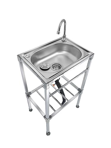 Set Di Lavandino In Acciaio Inox Mobile, Lavello Da Cucina 1 Vasca, Rubinetto Dell'acqua Calda e fredda, Giardino Da Esterno Lavando Lavello (38x33x83cm)