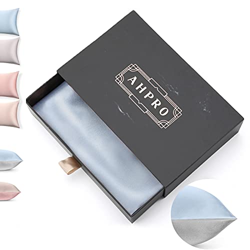Best Seller AHPRO 100% Silk Pillowcase for Hair and Skin- 2 Tone Reversible- 22 Momme Mulberry Silk Both Sides -Blue Grey Silk Pillowcase King -Hypoallergenic Acne Wrinkle Free -20x36- Envelope Closure -Gift Box