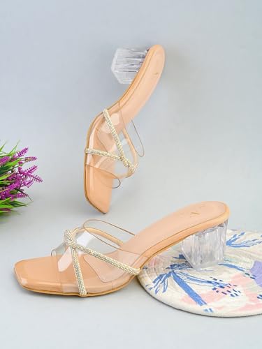 Image of XE Looks Patent Block Heels with Transparent Straps | Rhinestone Embellished Upper | Stylish Square Toe Sandals | Glossy Block Heels for Girls