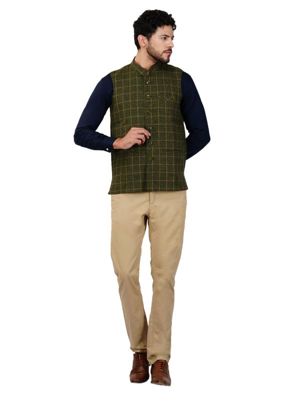 Image of Vastraa Fusion Men's Mehandi Green Chequered Woolen Blended Festive Nehru Jacket /Waistcoat (VASTRAAVS4409-40)