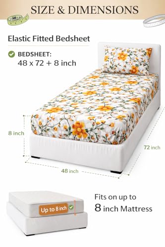 Image of Elasticated Single Bedsheet - Breathable Glace Cotton Material, Fits 6 to 8 Inch Mattress Height, Durable & Wrinkle-Free (Single, 48x72 Inches) Floral Orange