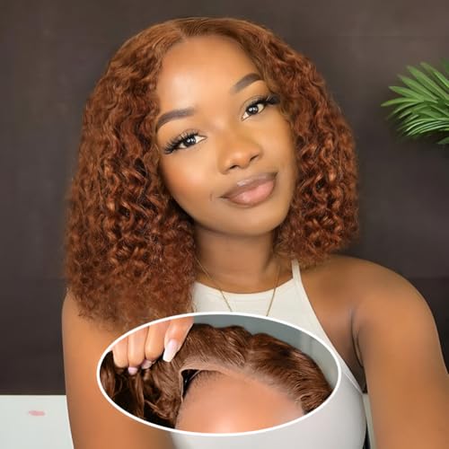Amygirl Wear and Go Glueless Wigs Human Hair Pre Plucked Pre Cut Bob 4x4 Curly Wave Lace Front Wigs Human Hair 180% Density No Glue Human Hair Wigs for Black Women, Auburn, 10 Inch