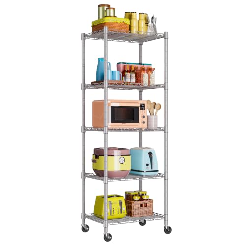 Image of REGILLER 5-Wire Shelving Metal Storage Rack Adjustable Shelves,Standing Storage Shelf Units for Laundry Bathroom Kitchen Pantry Closet(Silver,11.8 inch D x 16.6 inch W x 53.5 inch H,With Wheels)