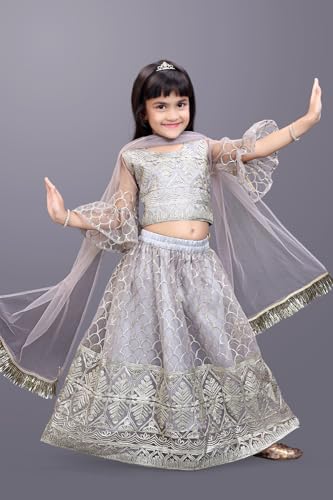 Image of Girl's Princess Lehenga Choli Set - Soft Net, Ribbon Embroidery With Duppata, Readymade