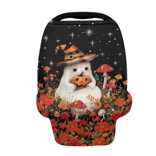 Image of Wanyint Infant Car Seat Cover for Babies, Boys Girls Carseat Canopy Baby Breastfeeding Stroller High Chair Shopping Cart Cover Halloween Decor, Cute Ghost Witch Mushroom