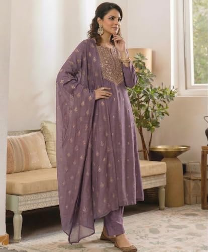 Image of ANNI Designer Women's Viscose Straight Printed Embroidery Kurta with Pant & Dupatta | Long Sleeve Ethnic Kurta Set for Women | Casual Office, Daily, Party Outfits