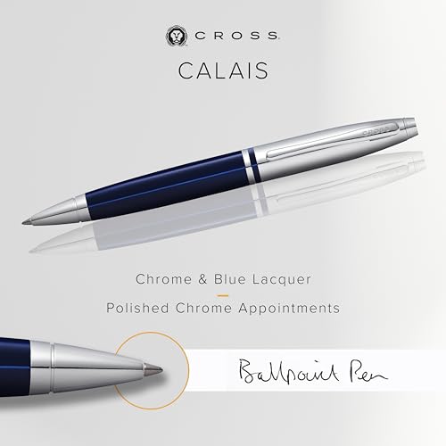 Image of Cross Calais Chrome & Blue Refillable Ballpoint Pen - Medium Point, Black Ink, Smooth Writing, Presented in a Premium Gift Box