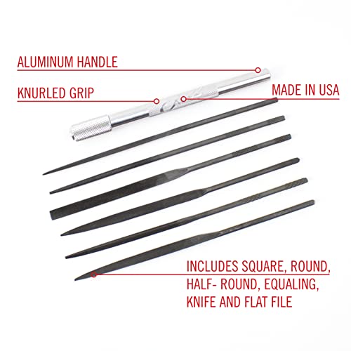Excel Blades Hardened Alloy Strength Steel - Mini Needle File Set Includes Flat, Flat Warding, Square, Triangular, Round, And Half-Round File With American Made Aluminum Handle #TOP1