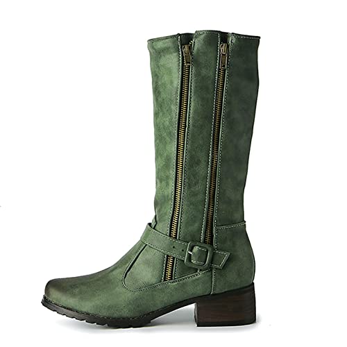 SHITOUJI Bottes hautes vintage à talon épais avec double fermeture éclair et boucle pour femme, Vert, 38 EU Cover