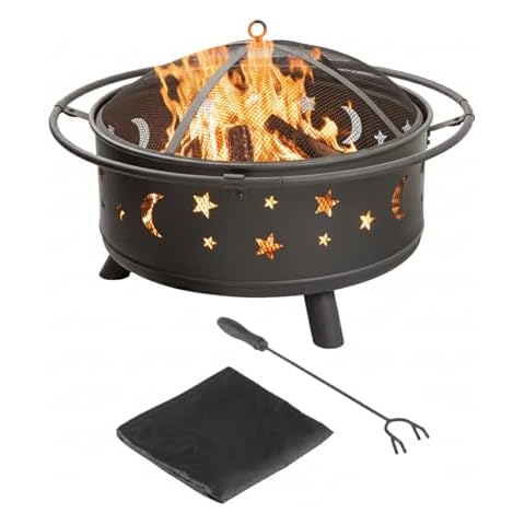 Fire Pit - 32-Inch Outdoor Wood Burning Firepit with Screen, Poker, and Cover - Outdoor Fire Pits for Backyard, Deck, or Patio by Pure Garden (Black) Cover
