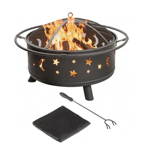 Fire Pit – 32-Inch Outdoor Wood Burning Firepit with Screen, Poker, and Cover – Outdoor Fire Pits for Backyard, Deck, or Patio by Pure Garden (Black)