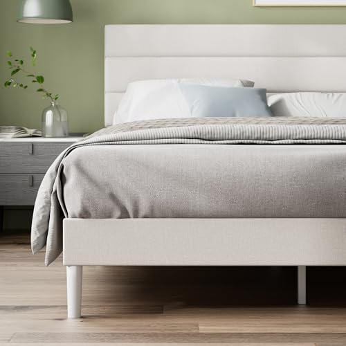 ZINUS Piper - Marco de Cama Doble - Cama 135 x 190 cm - 30 cm de Altura - Base de Cama tapizada con cabecero - Soporte de Listones de Madera - Blanco Roto - imagen 8