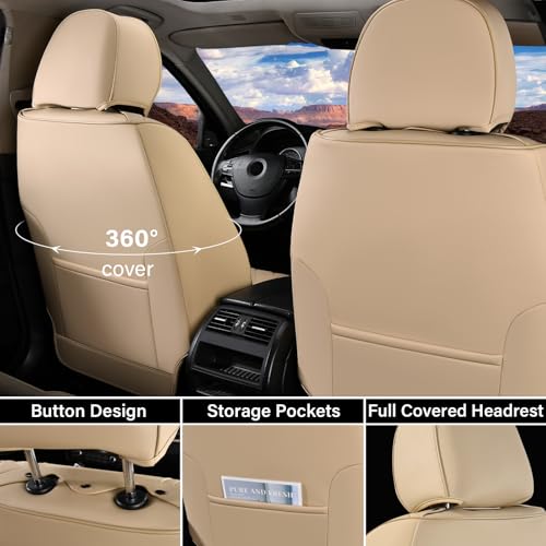 Image of Coverado Front and Back Seat Covers for Cars, Automotive Seat Covers for Trucks, Nappa Leather Car Seat Covers, 5 Seats Waterproof Carseat Protector Car Seat Cover Beige, Universal Fit for Most Cars